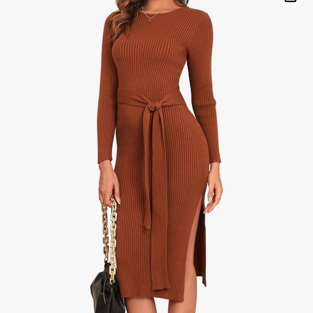 NWT Side Slit Tie Waist Stretch Slim Fit Ribbed Knit Midi Dress